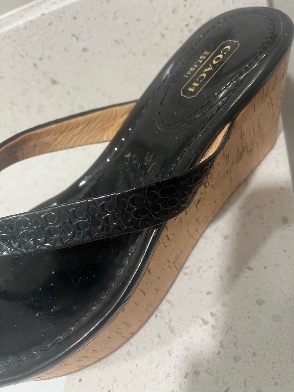 Coach Black Patent Cork Wedge Thong Sandals